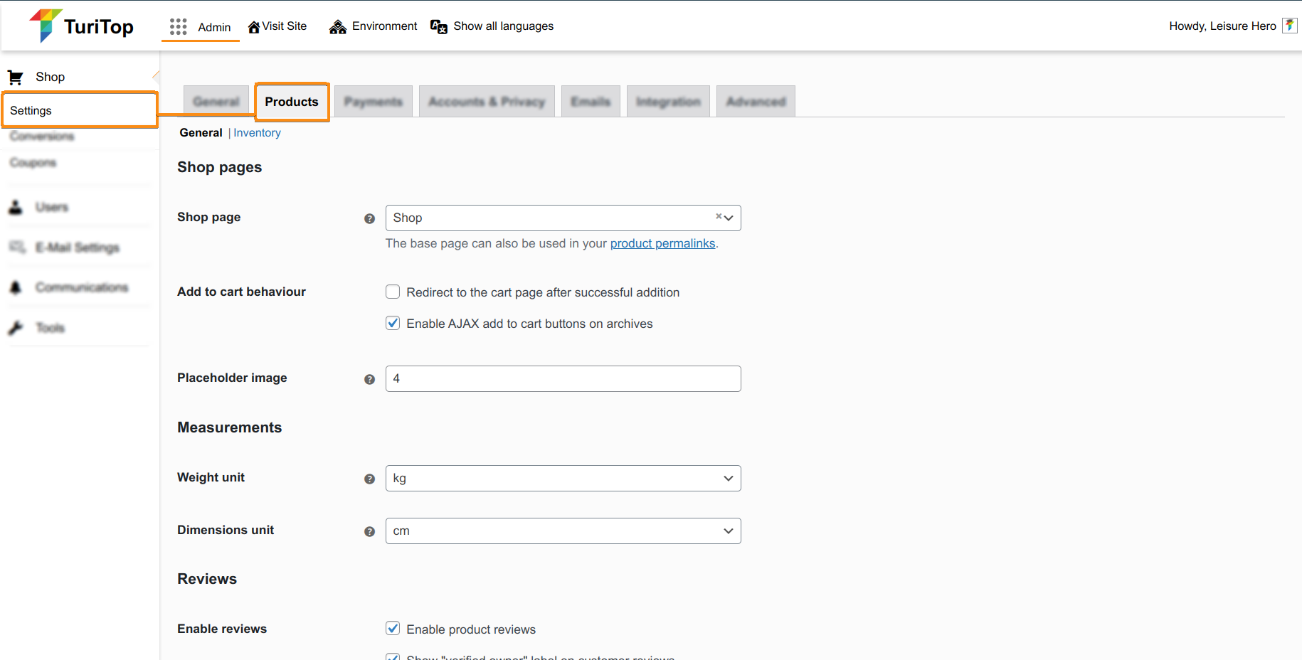 Shop Product settings window